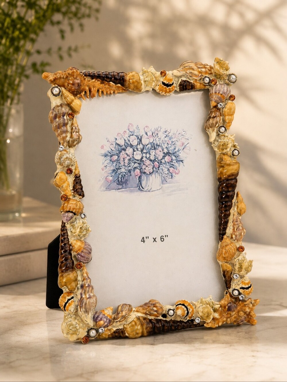 Two’s Company Seashell Picture Frame 4x6 Brown Cream Coastal Decor